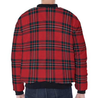 Red Scottish Tartan Pattern Print Zip Sleeve Bomber Jacket
