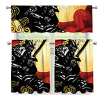 Red Sky And Golden Sun Samurai Print 3 Piece Kitchen Curtains