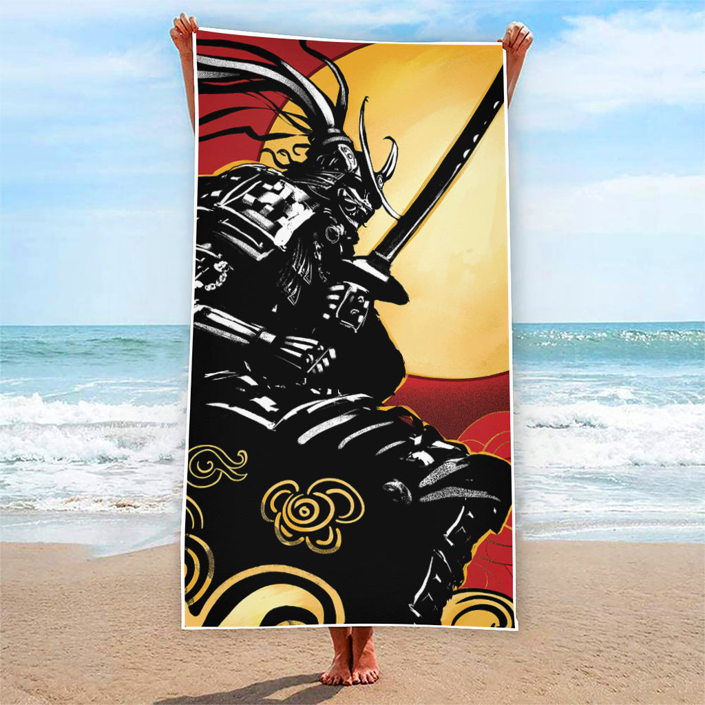 Red Sky And Golden Sun Samurai Print Beach Towel