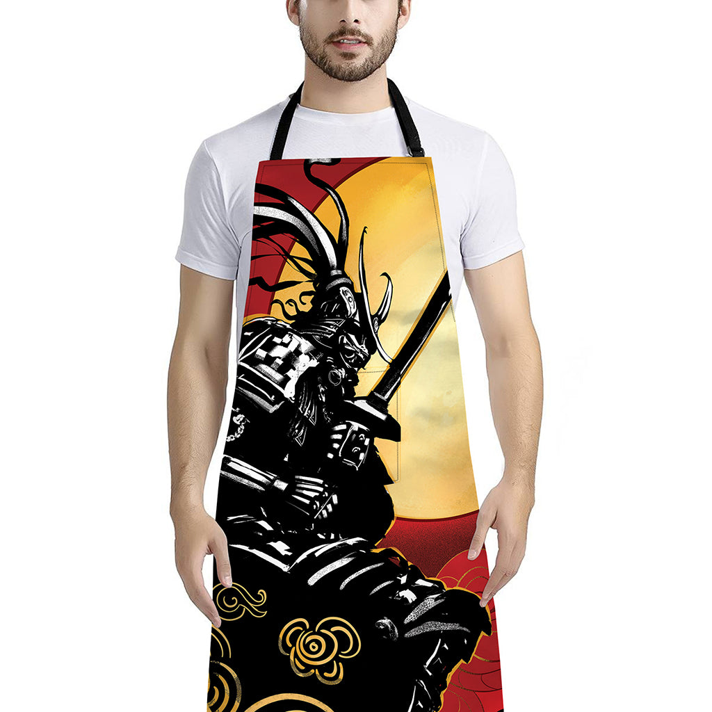 Red Sky And Golden Sun Samurai Print Bib Apron With Pocket