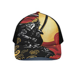 Red Sky And Golden Sun Samurai Print Black Mesh Trucker Cap