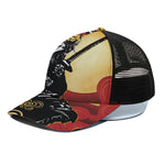 Red Sky And Golden Sun Samurai Print Black Mesh Trucker Cap