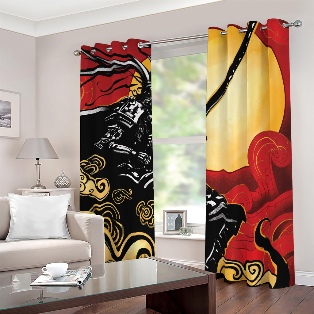 Red Sky And Golden Sun Samurai Print Blackout Grommet Curtains