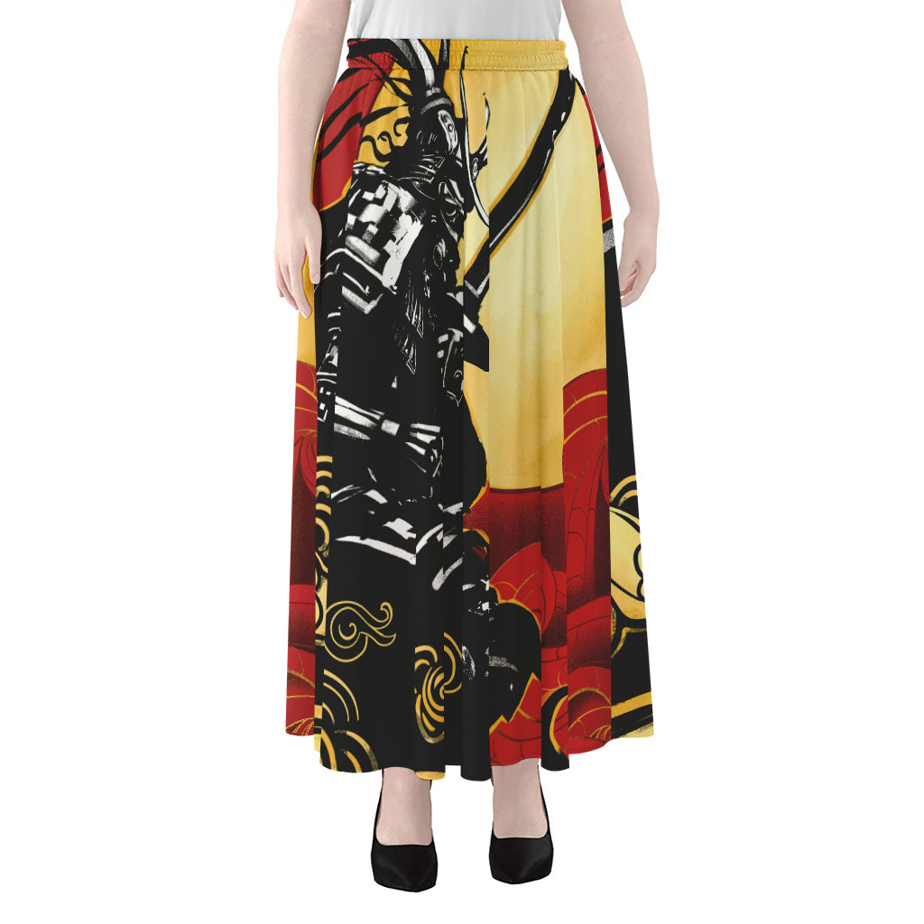 Red Sky And Golden Sun Samurai Print Chiffon Maxi Skirt