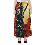 Red Sky And Golden Sun Samurai Print Chiffon Maxi Skirt