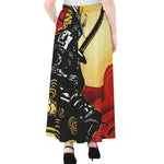 Red Sky And Golden Sun Samurai Print Chiffon Maxi Skirt