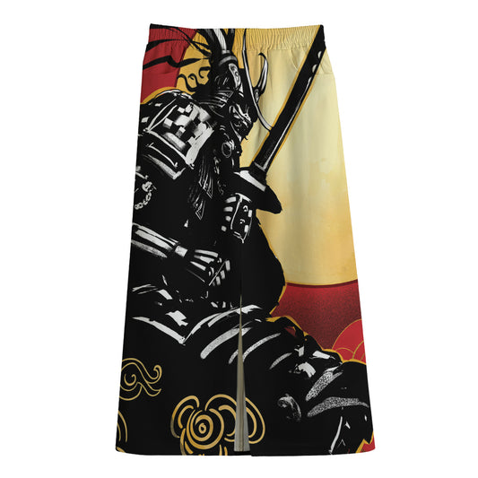 Red Sky And Golden Sun Samurai Print Cotton Front Slit Maxi Skirt