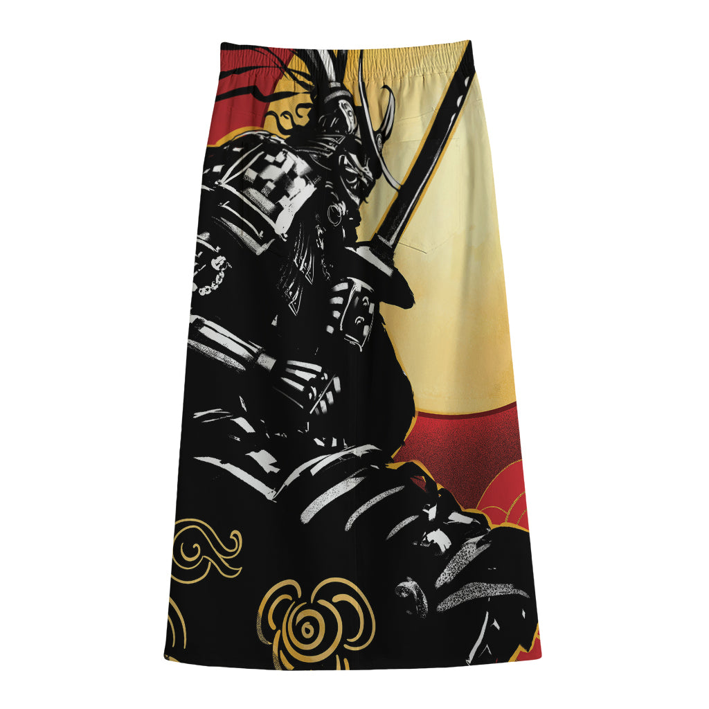 Red Sky And Golden Sun Samurai Print Cotton Front Slit Maxi Skirt
