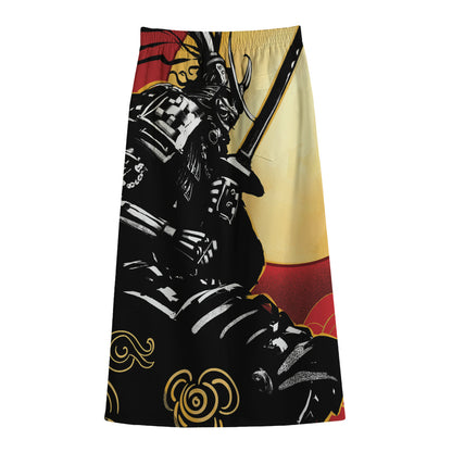 Red Sky And Golden Sun Samurai Print Cotton Front Slit Maxi Skirt