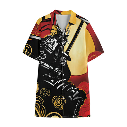 Red Sky And Golden Sun Samurai Print Cotton Hawaiian Shirt