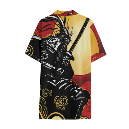Red Sky And Golden Sun Samurai Print Cotton Hawaiian Shirt