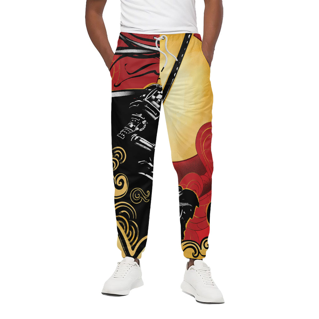 Red Sky And Golden Sun Samurai Print Cotton Pants
