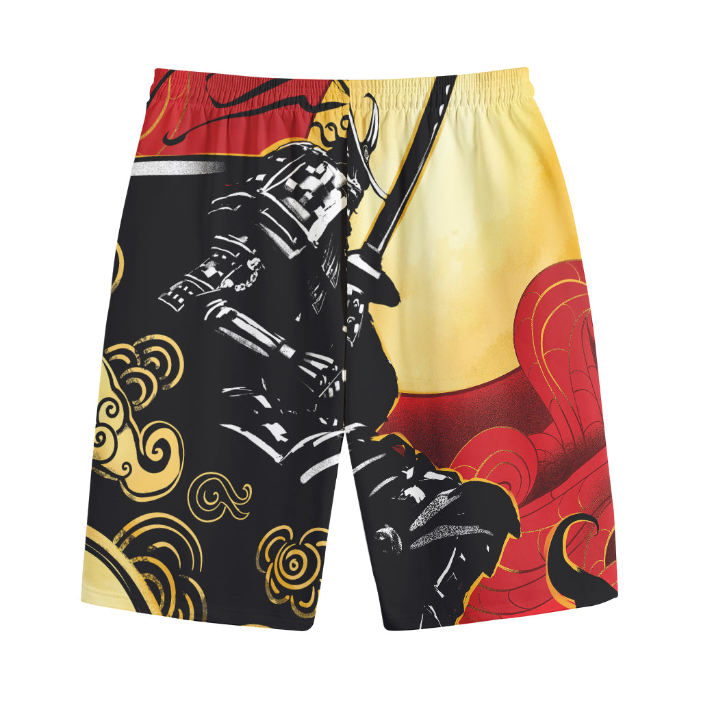 Red Sky And Golden Sun Samurai Print Cotton Shorts