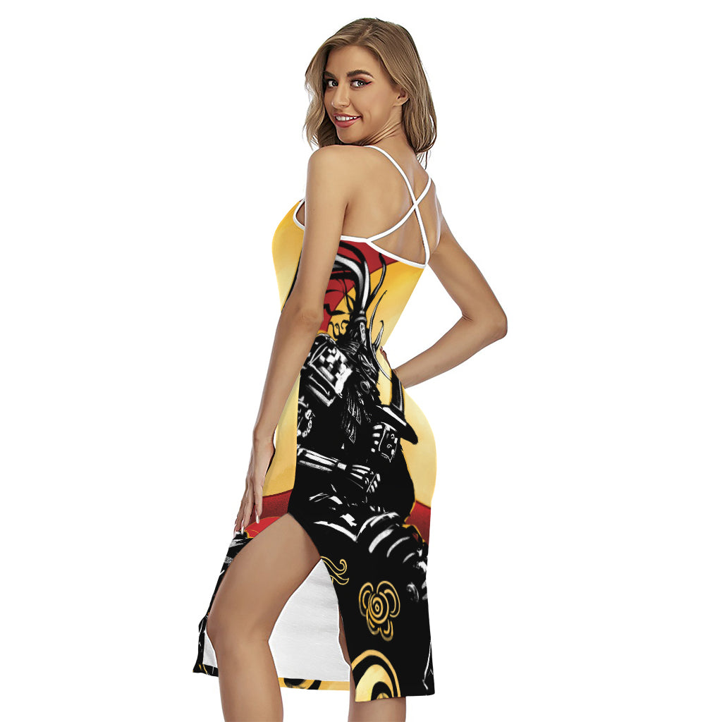Red Sky And Golden Sun Samurai Print Cross Back Cami Dress