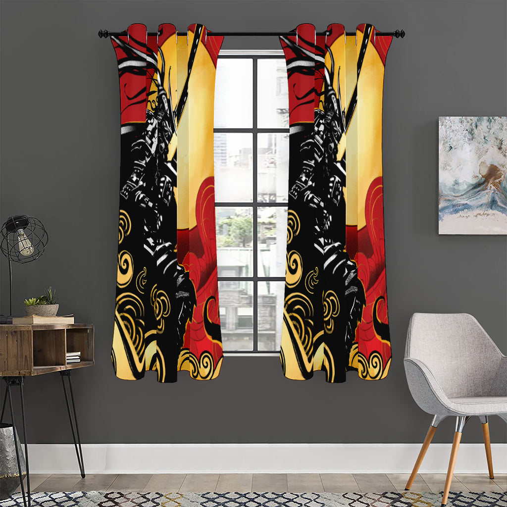 Red Sky And Golden Sun Samurai Print Curtain