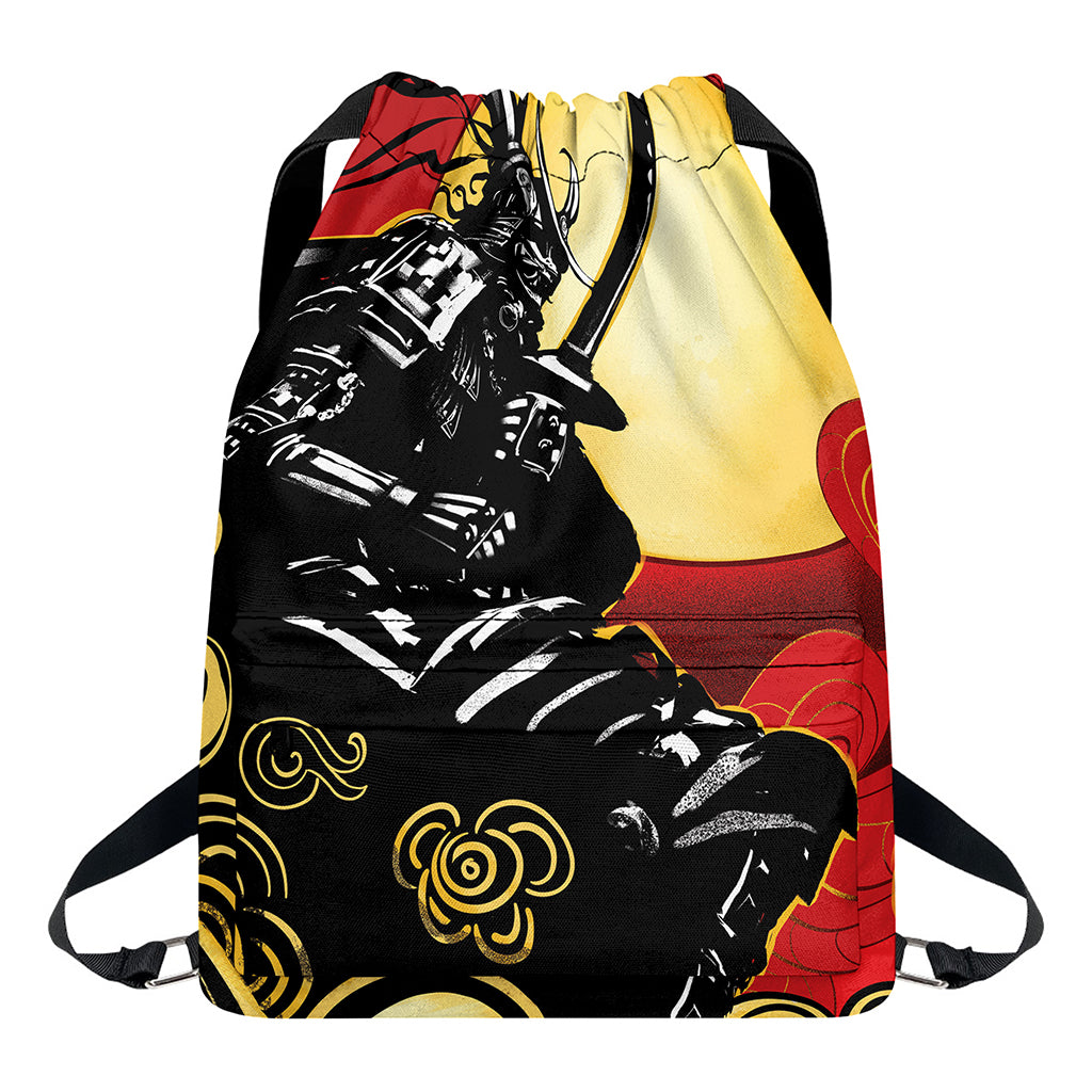 Red Sky And Golden Sun Samurai Print Drawstring Backpack