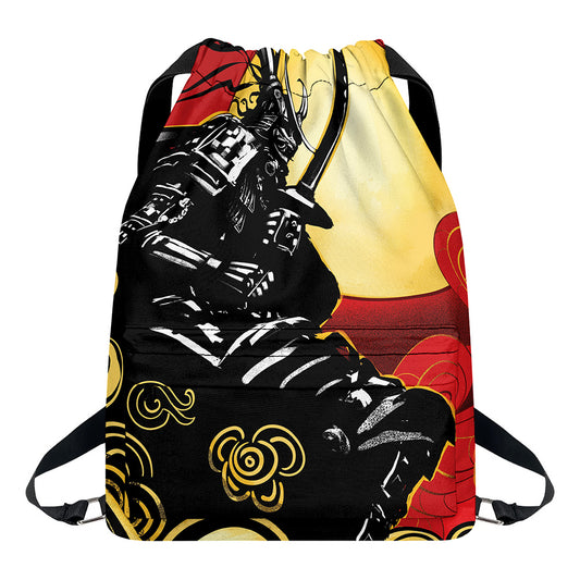 Red Sky And Golden Sun Samurai Print Drawstring Backpack