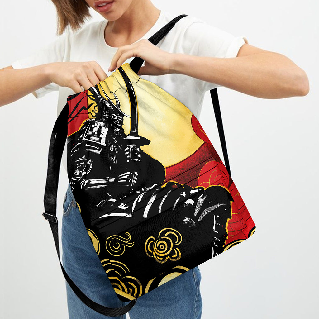 Red Sky And Golden Sun Samurai Print Drawstring Backpack