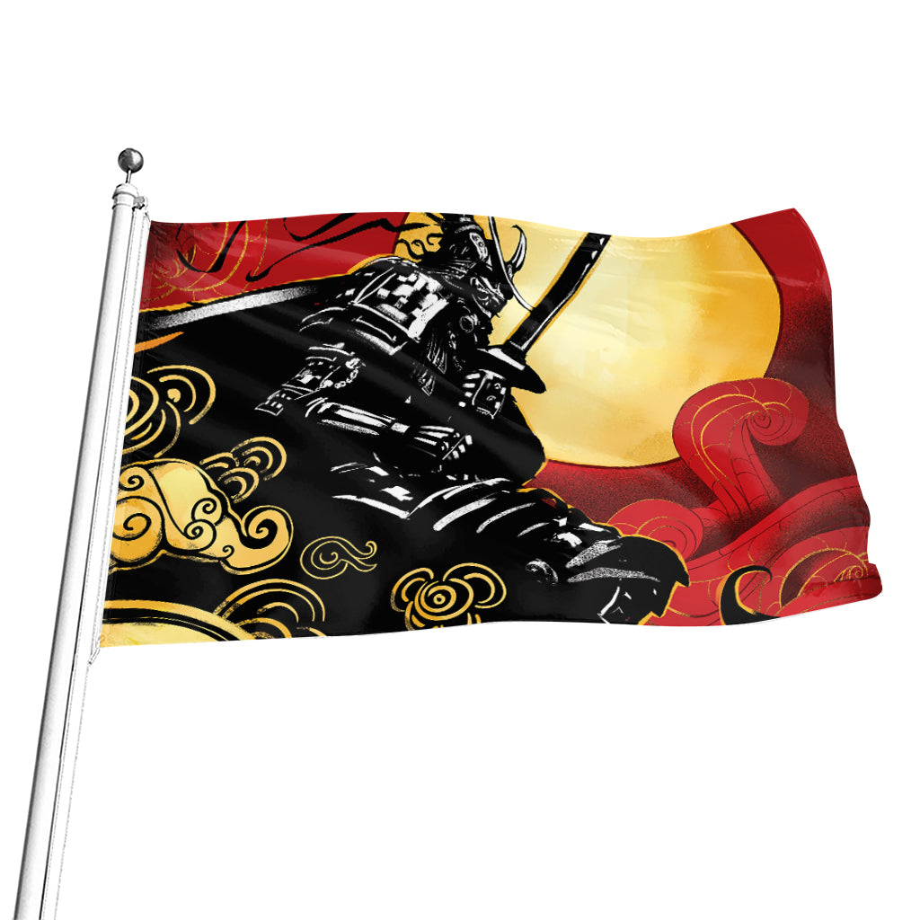 Red Sky And Golden Sun Samurai Print Flag