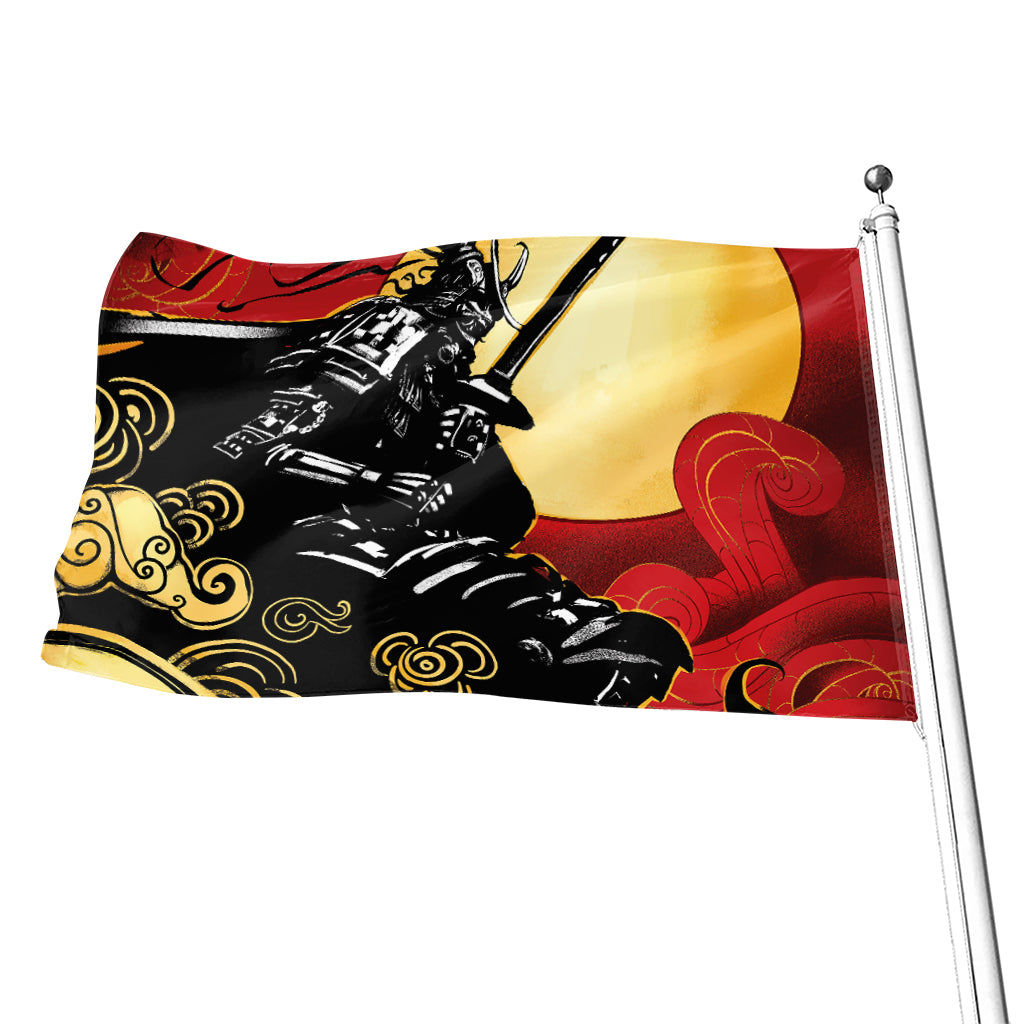Red Sky And Golden Sun Samurai Print Flag