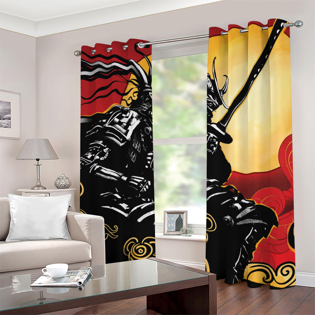 Red Sky And Golden Sun Samurai Print Grommet Curtains
