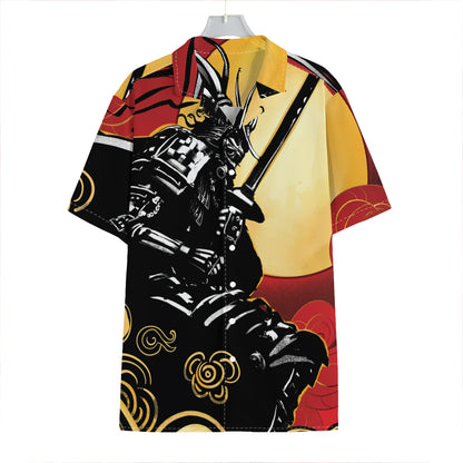 Red Sky And Golden Sun Samurai Print Hawaiian Shirt