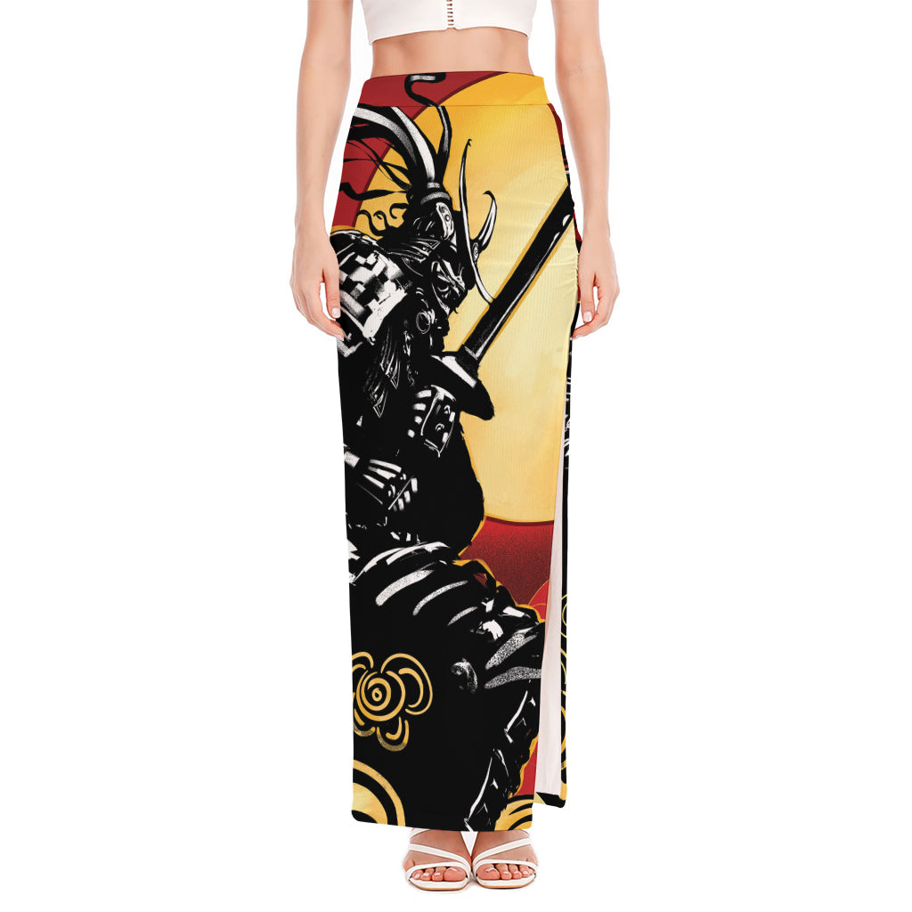 Red Sky And Golden Sun Samurai Print High Slit Maxi Skirt