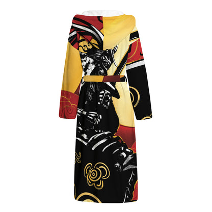 Red Sky And Golden Sun Samurai Print Hooded Bathrobe