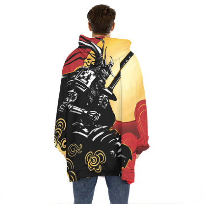 Red Sky And Golden Sun Samurai Print Hoodie Blanket