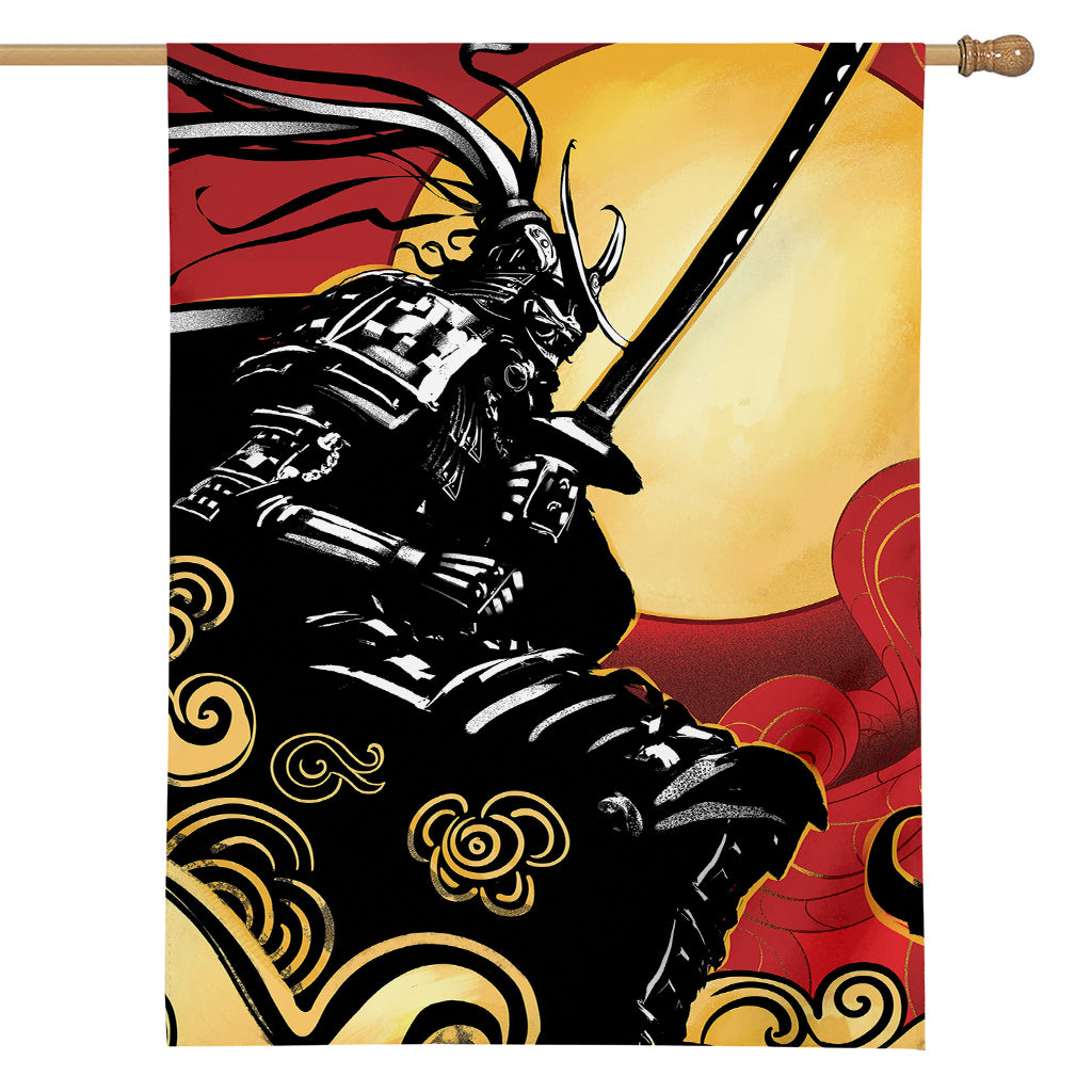 Red Sky And Golden Sun Samurai Print House Flag