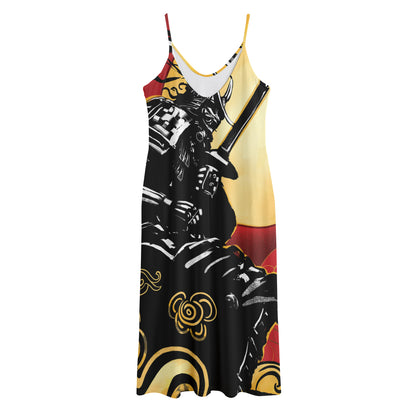 Red Sky And Golden Sun Samurai Print Jersey Midi Cami Dress