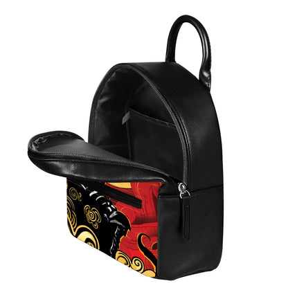 Red Sky And Golden Sun Samurai Print Leather Backpack