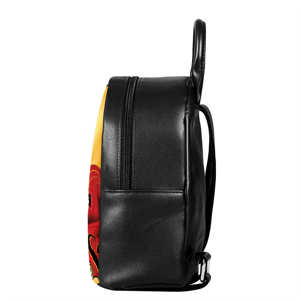 Red Sky And Golden Sun Samurai Print Leather Backpack