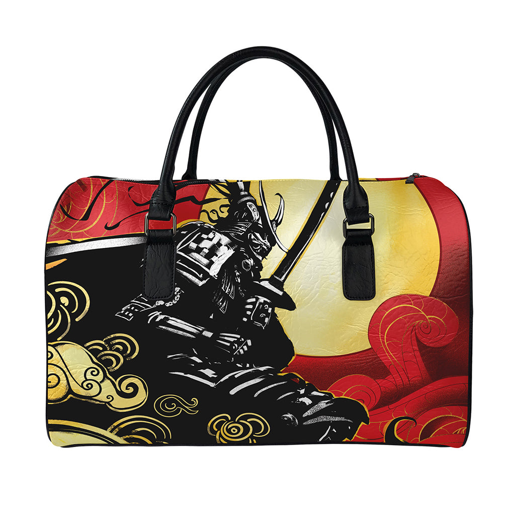Red Sky And Golden Sun Samurai Print Leather Duffle Bag