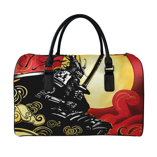 Red Sky And Golden Sun Samurai Print Leather Duffle Bag