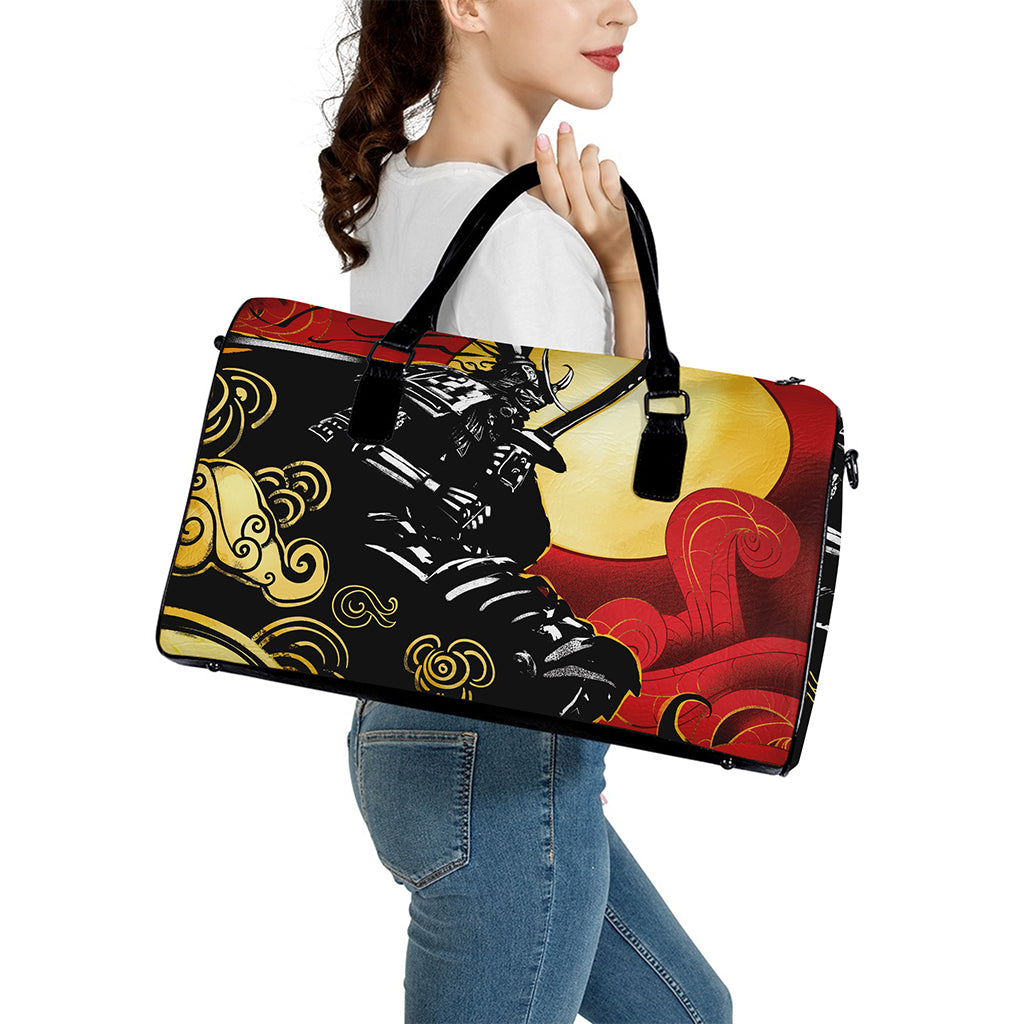 Red Sky And Golden Sun Samurai Print Leather Duffle Bag