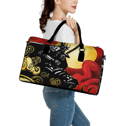 Red Sky And Golden Sun Samurai Print Leather Duffle Bag