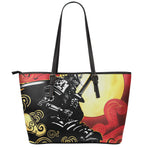 Red Sky And Golden Sun Samurai Print Leather Tote Bag