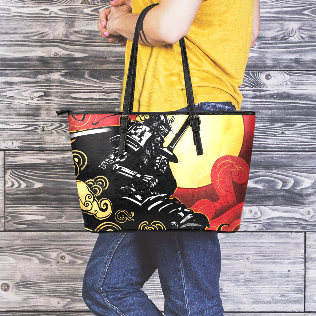 Red Sky And Golden Sun Samurai Print Leather Tote Bag