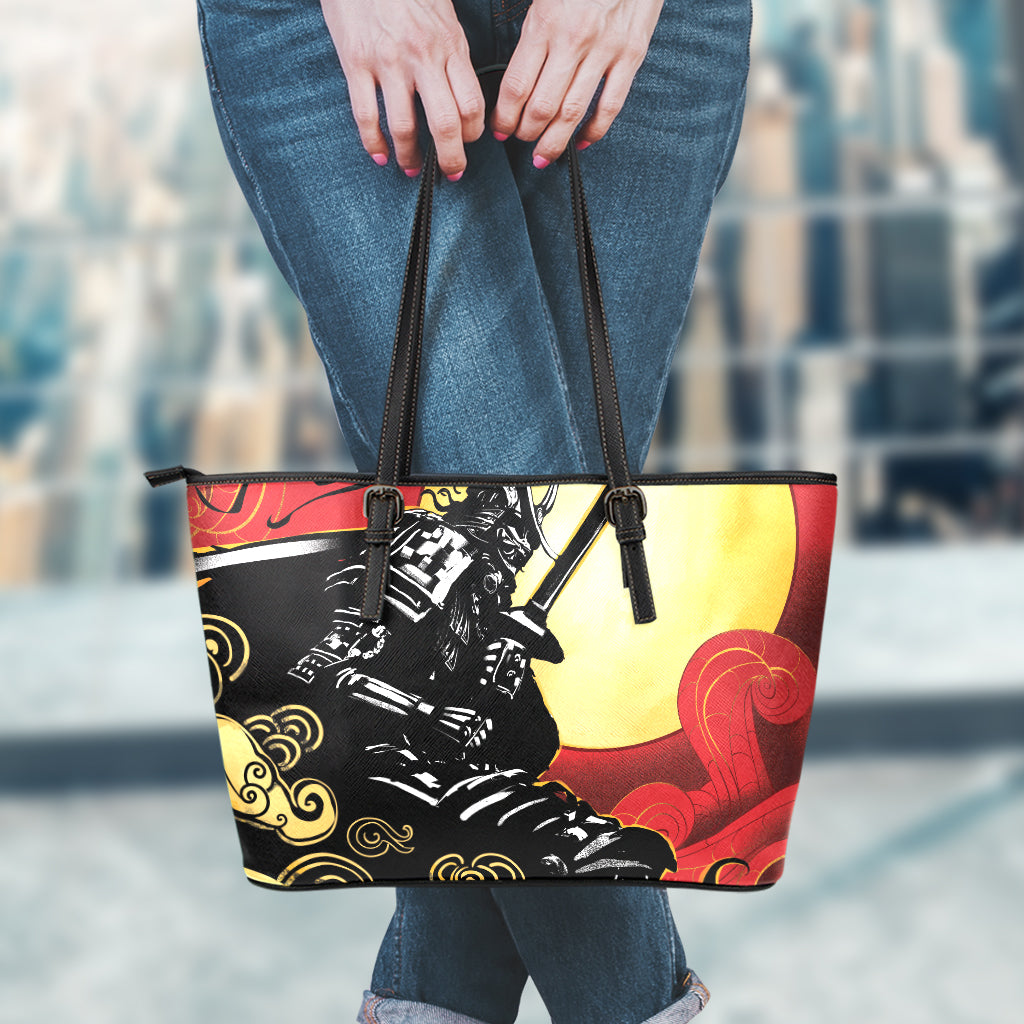 Red Sky And Golden Sun Samurai Print Leather Tote Bag