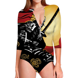 Red Sky And Golden Sun Samurai Print Long Sleeve Swimsuit