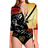 Red Sky And Golden Sun Samurai Print Long Sleeve Swimsuit