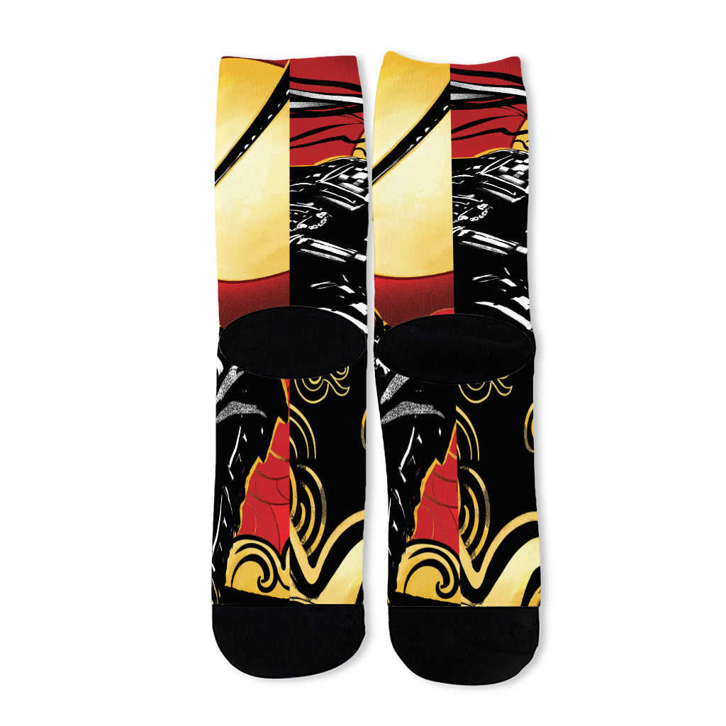 Red Sky And Golden Sun Samurai Print Long Socks
