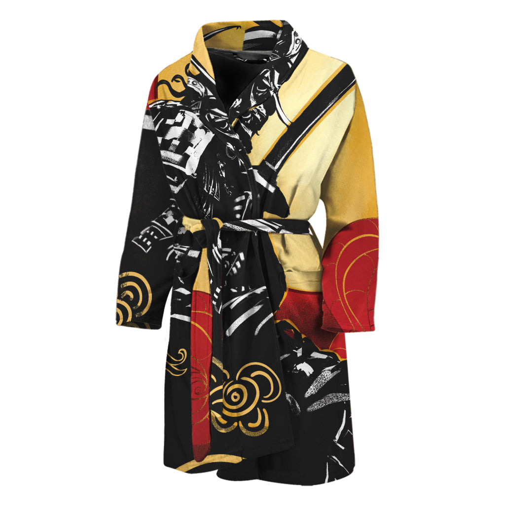 Red Sky And Golden Sun Samurai Print Men's Bathrobe