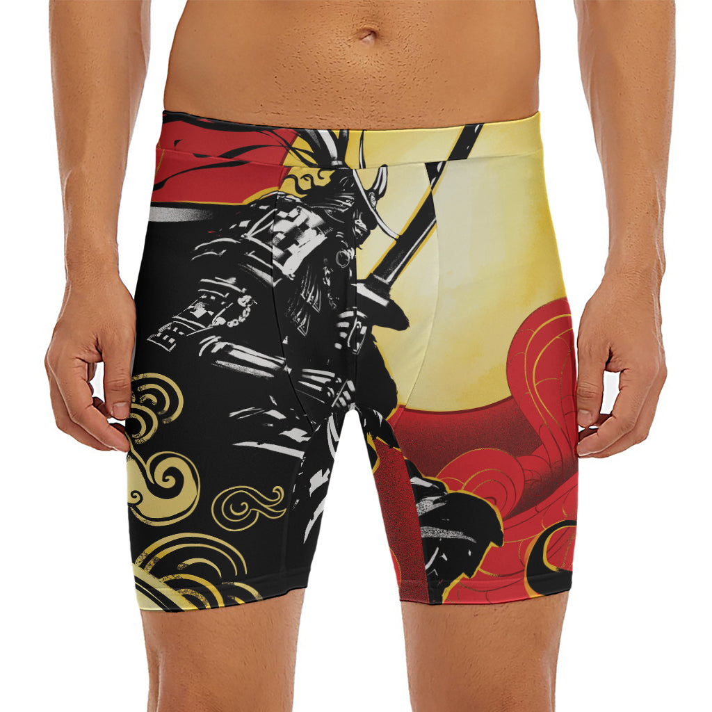 Red Sky And Golden Sun Samurai Print Men's Long Boxer Briefs