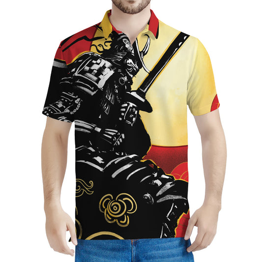 Red Sky And Golden Sun Samurai Print Men's Polo Shirt