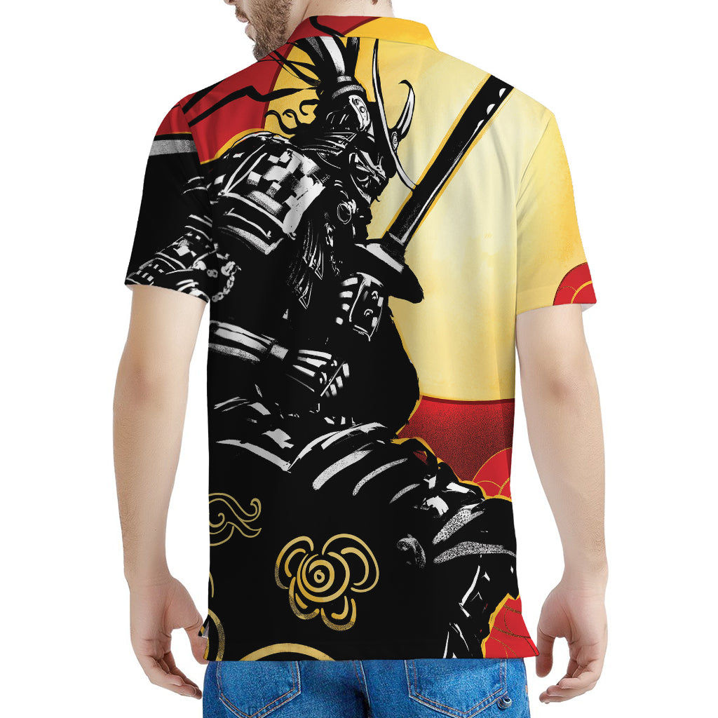 Red Sky And Golden Sun Samurai Print Men's Polo Shirt