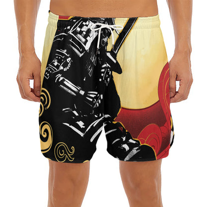 Red Sky And Golden Sun Samurai Print Men's Split Running Shorts