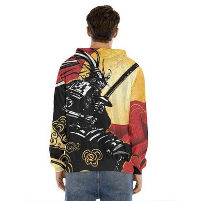 Red Sky And Golden Sun Samurai Print Men's Velvet Pullover Hoodie