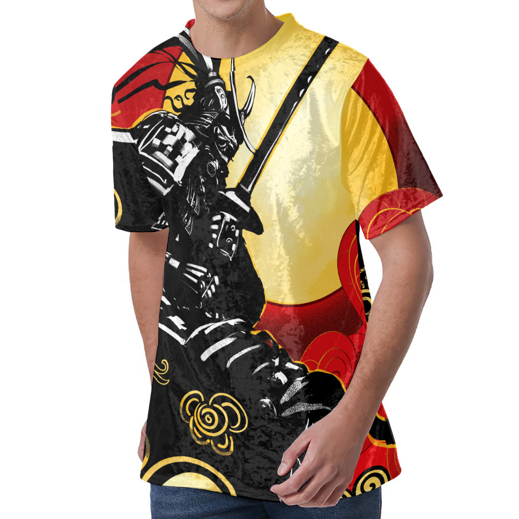 Red Sky And Golden Sun Samurai Print Men's Velvet T-Shirt